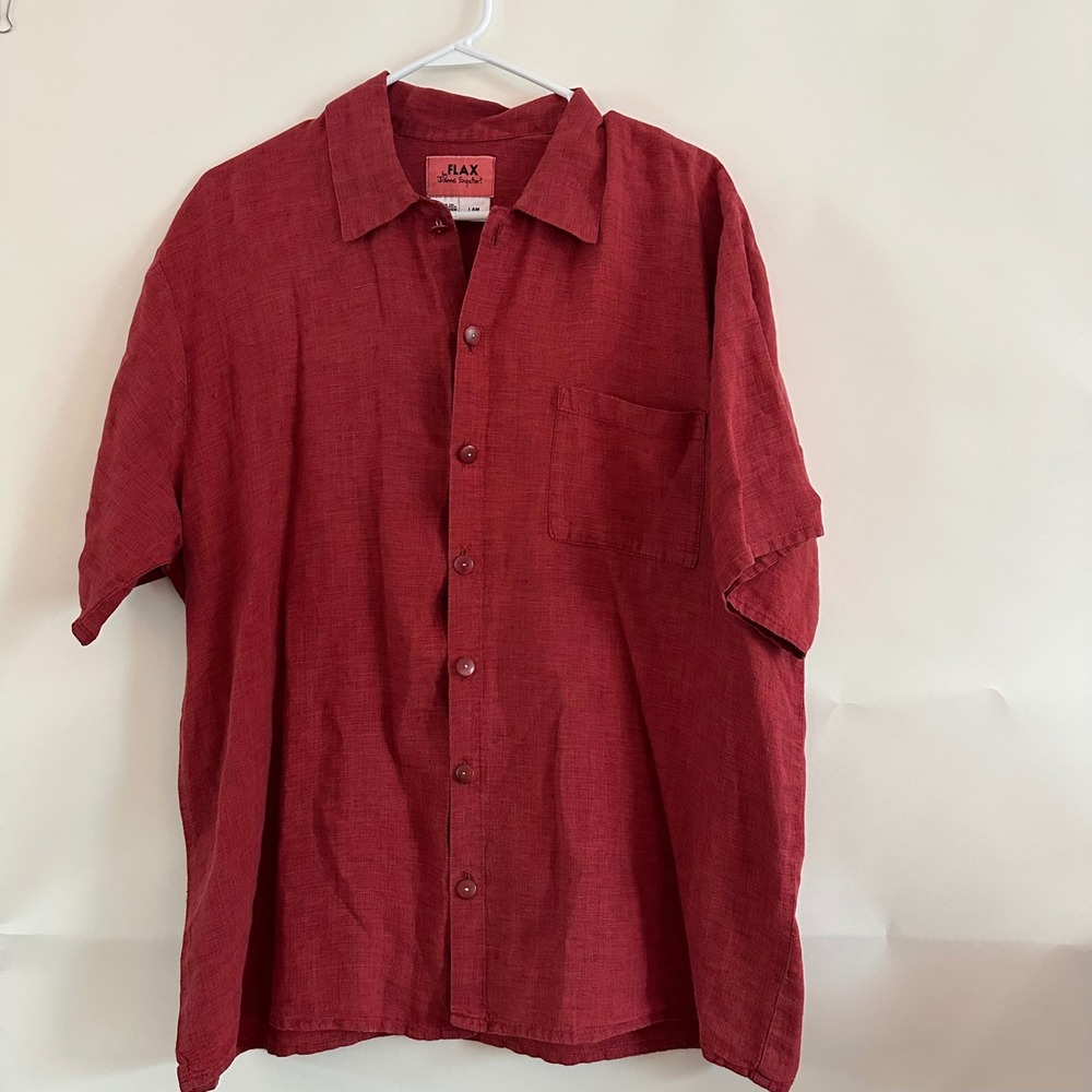 Flax by Jeanne Engelhart Red 100% Linen Short Sleeve Button Down Shirt Medium